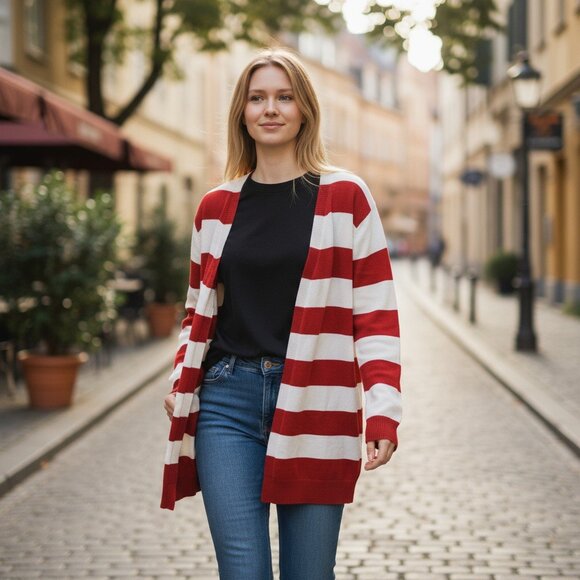 Red & White Striped Open-Front Cardigan | OSFM | Game Day Apparel - Picture 1 of 8